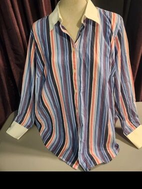 Colorful Multi-Stripe "Power" Blouse with Sharp White Collar 1x Quiet Money